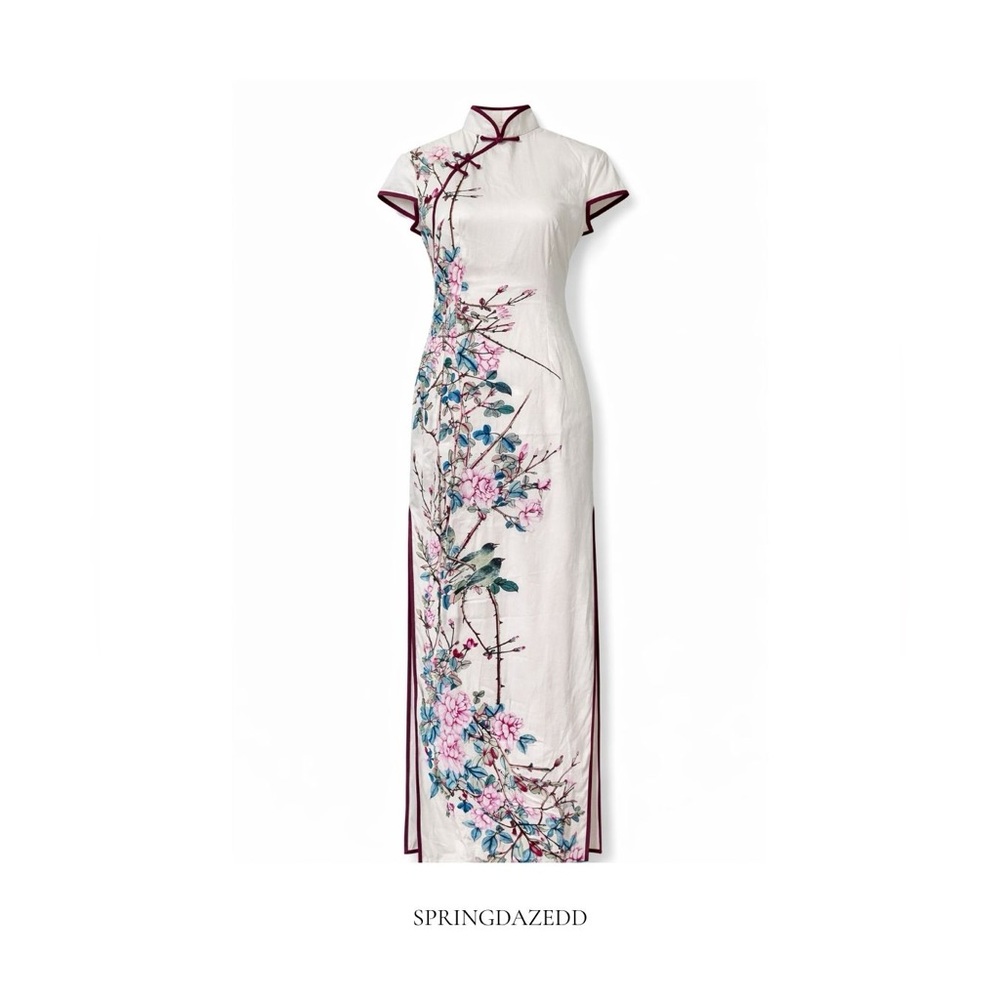 SOLD Vintage Ivory Textured Floral Cheongsam Dress